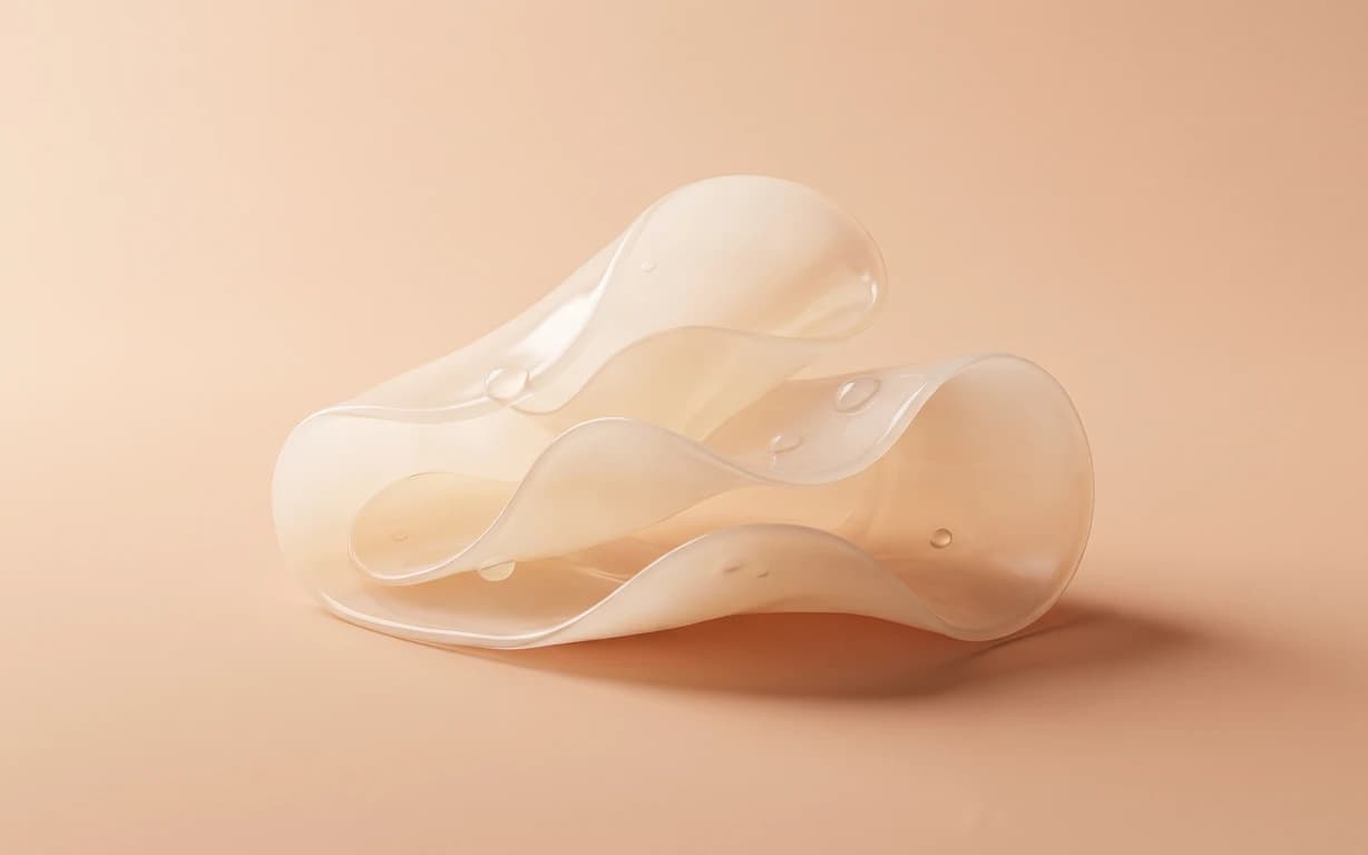 A translucent ivory ribbon-like sculpture with clear droplets rests on a warm peach surface, casting a soft directional shadow.