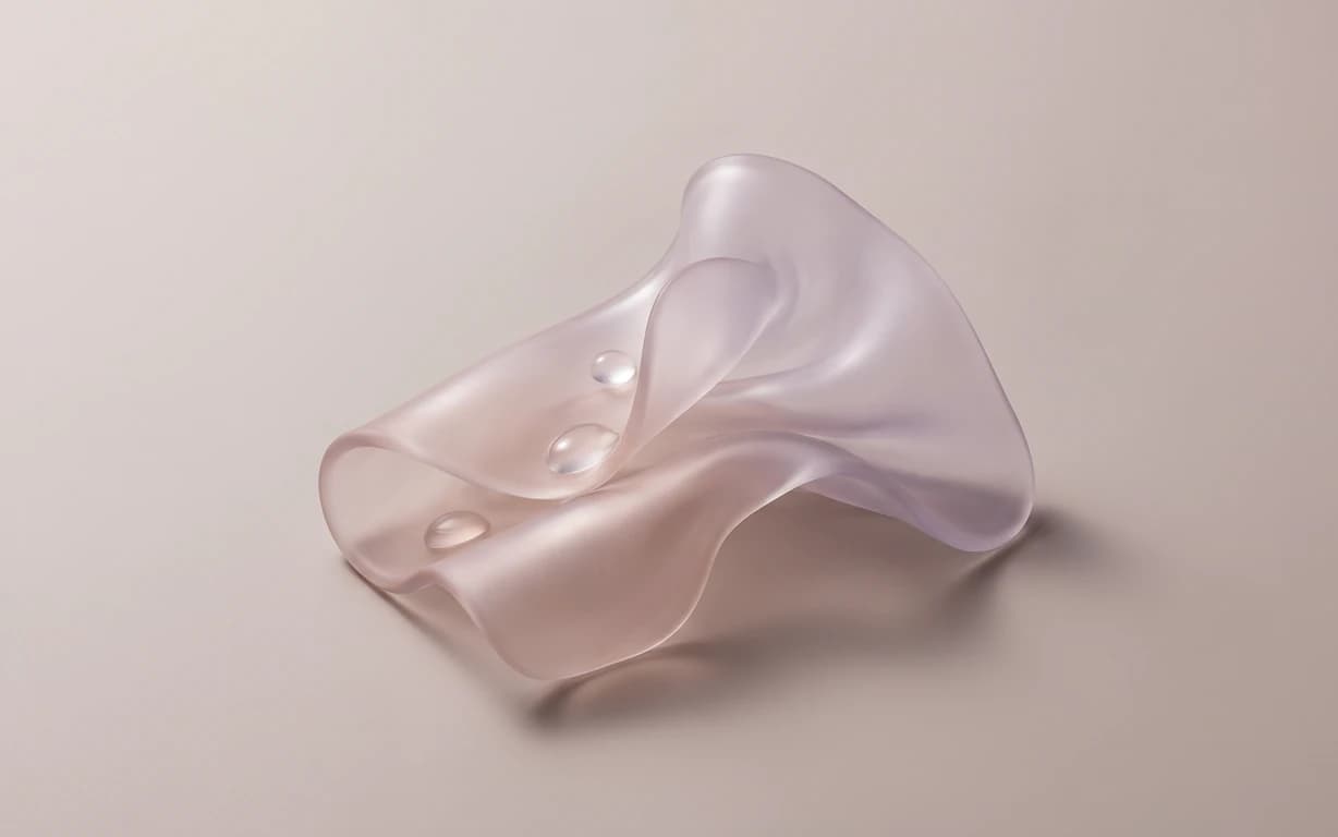 A translucent blush-lilac abstract sheet curls into soft folds with three clear droplets on a warm ivory seamless surface.