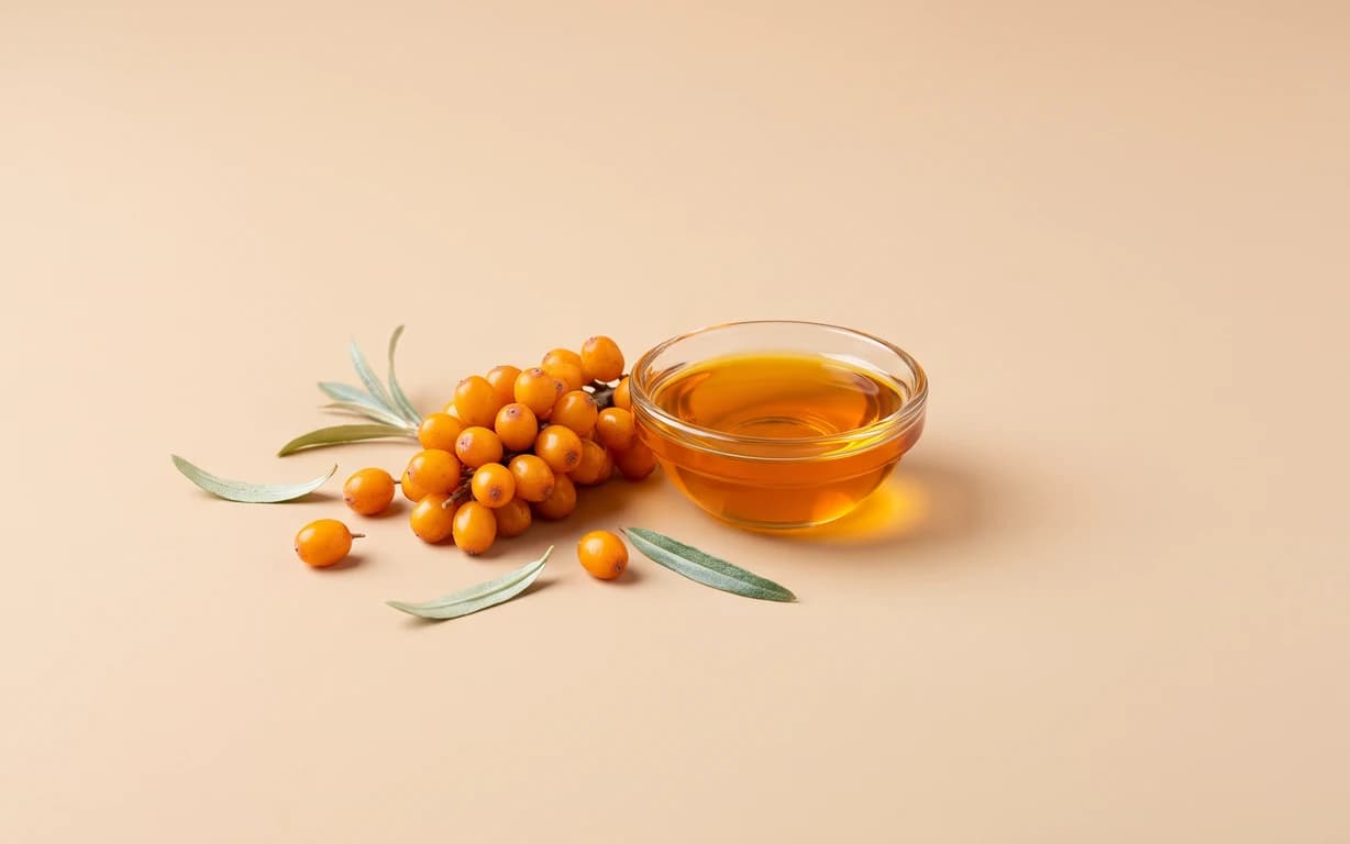 Clusters of orange sea buckthorn berries with narrow silvery-green leaves beside a glass bowl of amber liquid on a peach backdrop.