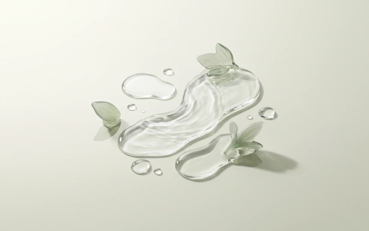 Clear, water-like pools and droplets with pale translucent leaf-shaped accents on a softly lit ivory-sage surface.