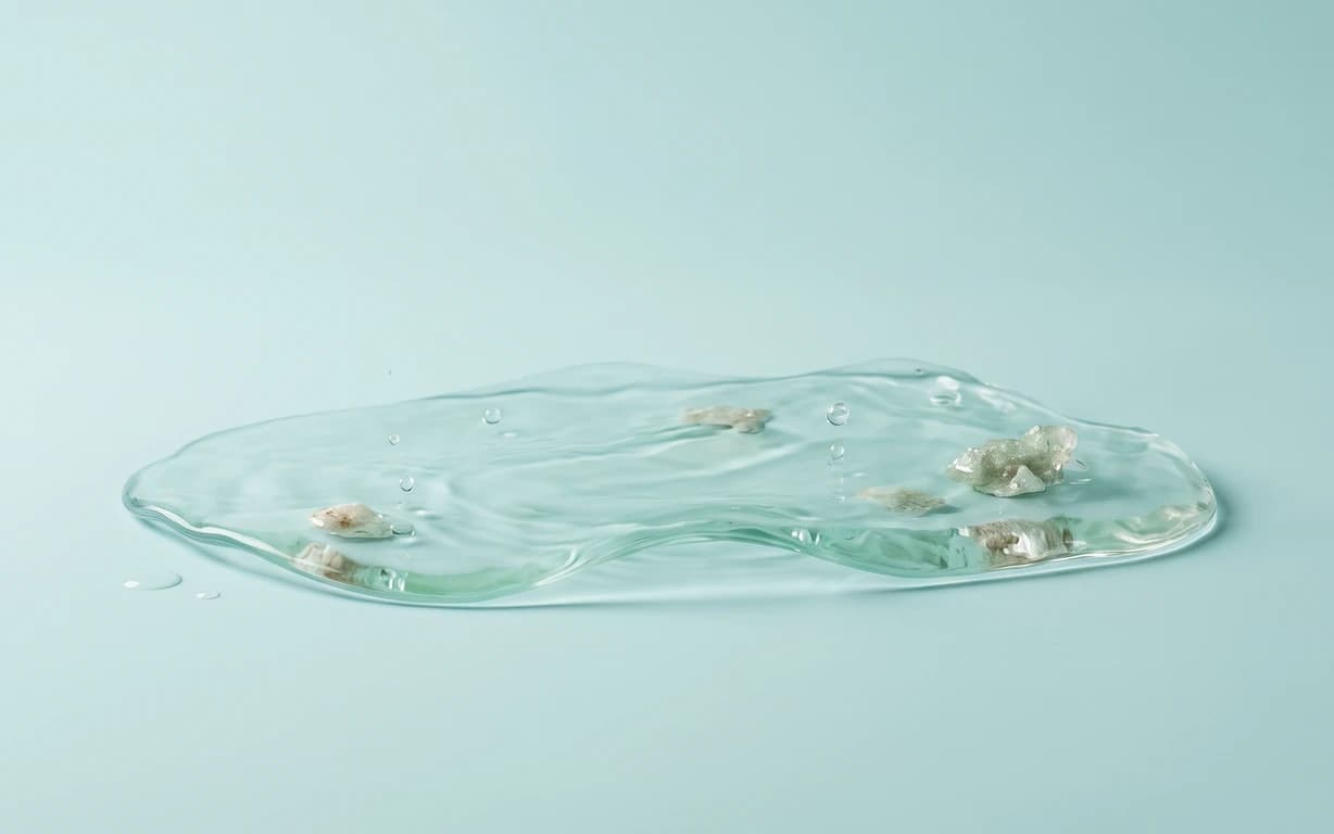 A shallow translucent aqua pool with soft ripples, suspended droplets and scattered pale mineral-like fragments on a seamless blue surface.