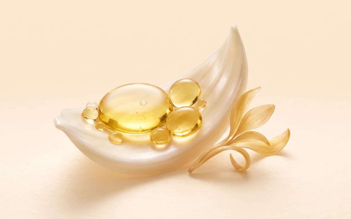 Golden oil droplets rest on a pearlescent curved sculpture beside a translucent botanical-like flourish on a warm ivory backdrop.