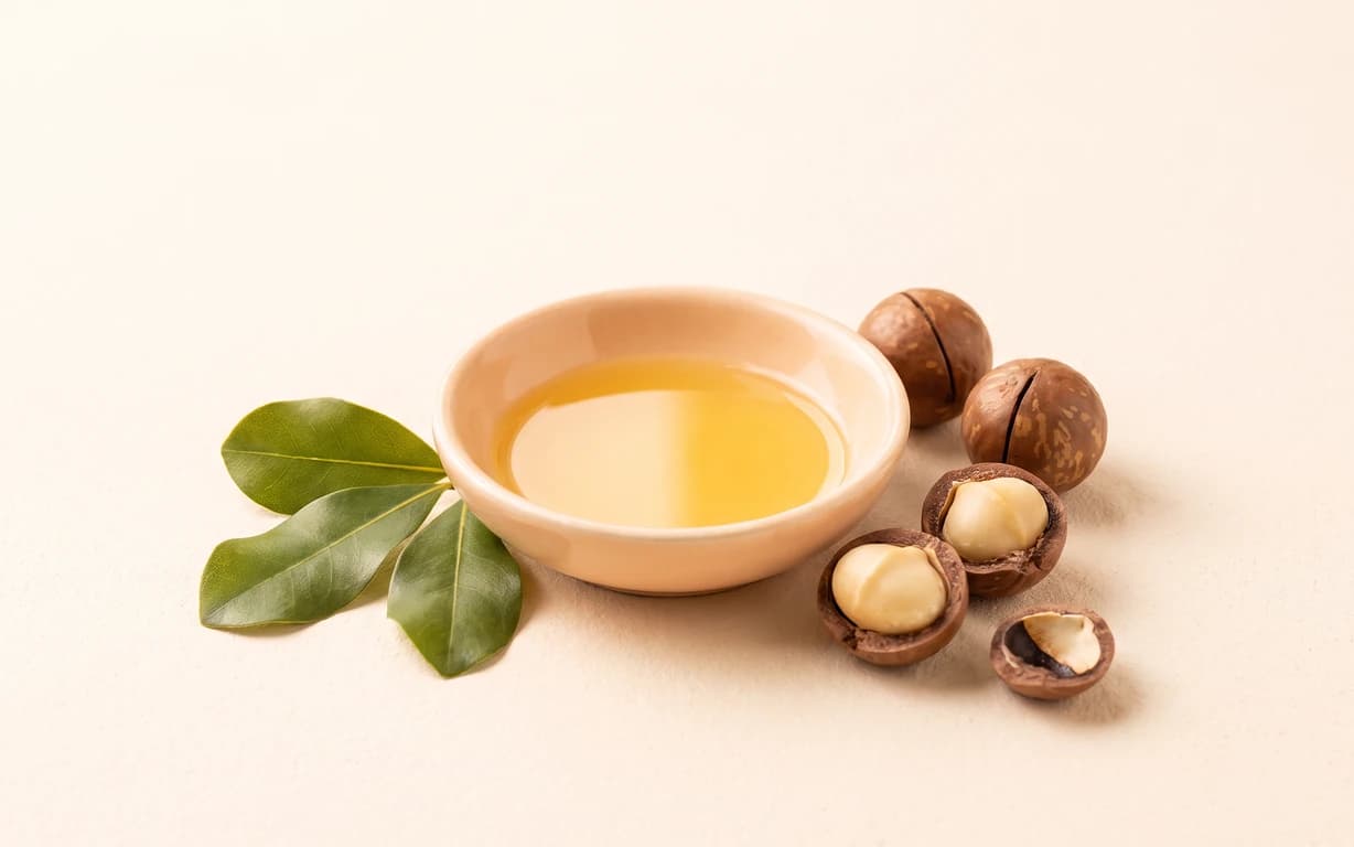 Golden oil in a shallow peach ceramic bowl, arranged with green macadamia leaves, whole brown nuts, cracked shells, and pale kernels.