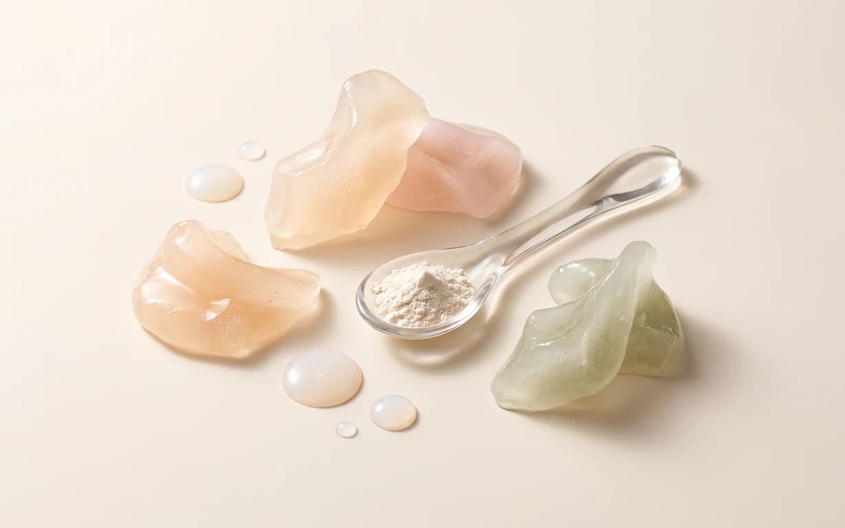 A clear glass spoon holding pale powder, surrounded by translucent peach, blush and sage sculptural folds and glossy droplets on ivory.