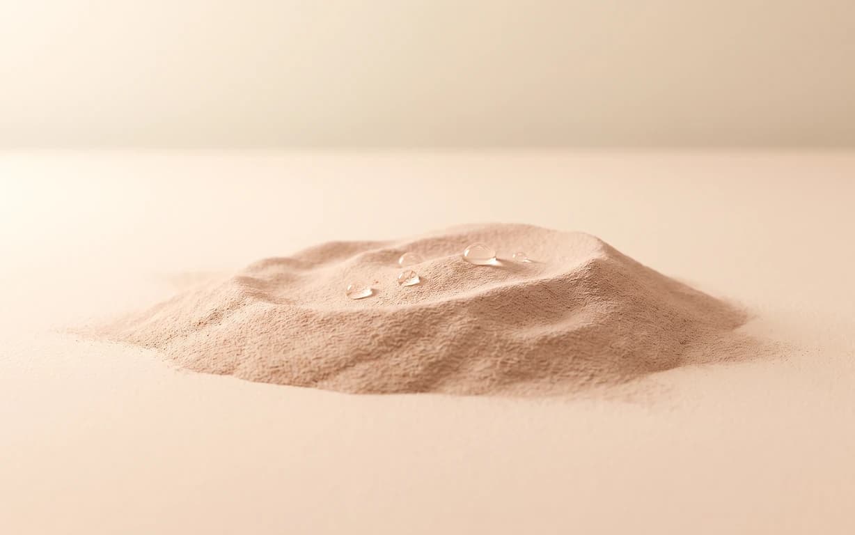A low mound of fine blush-beige powder topped with clear droplets on a warm ivory seamless surface under soft studio light.