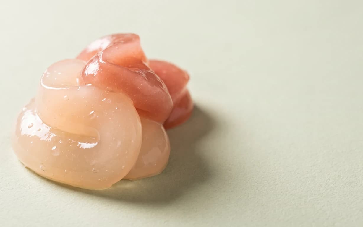 A sculptural cluster of glossy, translucent peach and coral gel-like folds rests on a pale sage surface, casting a soft shadow.