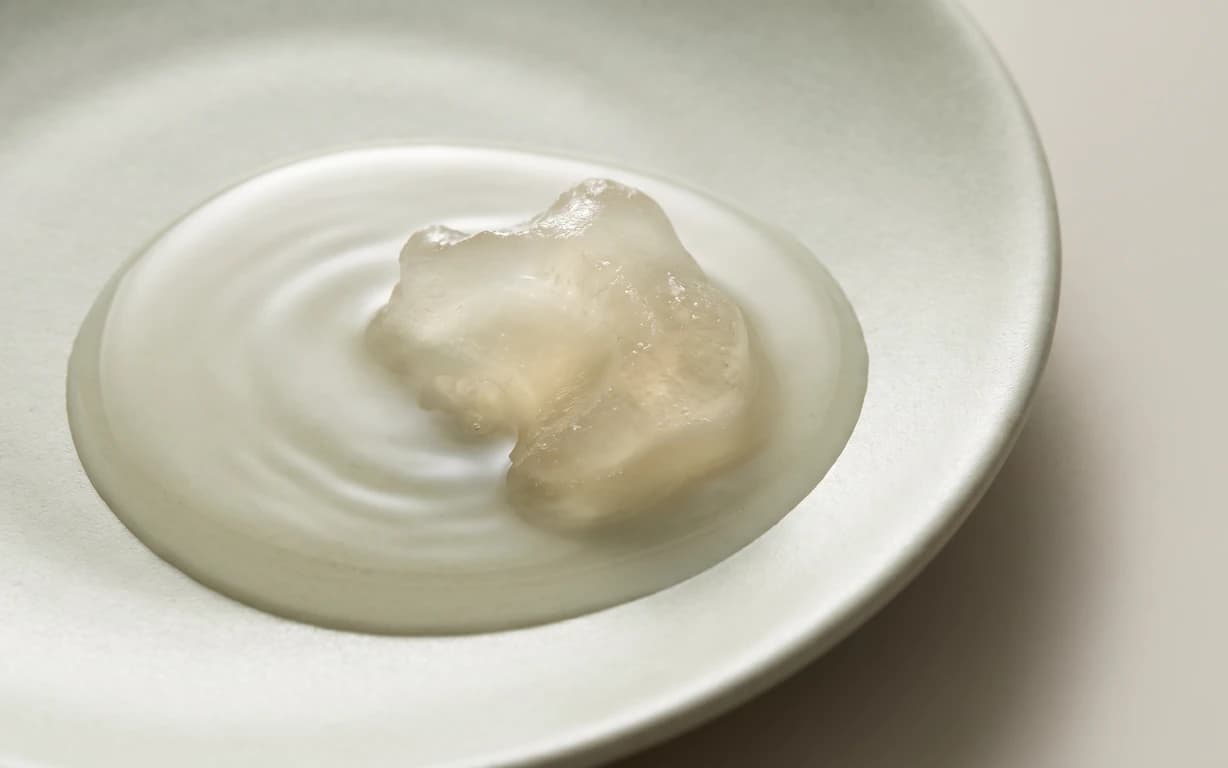 A translucent ivory gel-like sculptural form rests in a shallow pool with soft concentric ripples on a matte off-white surface, lit by gentle directional studio light.