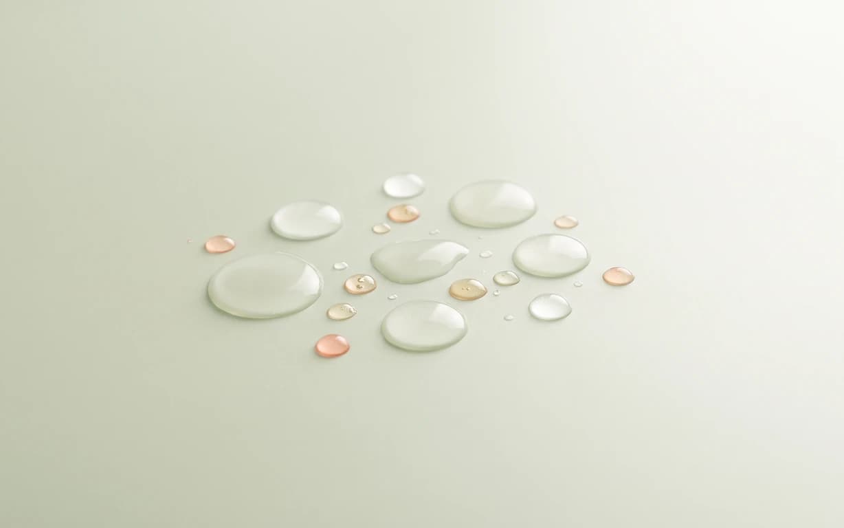 A centered cluster of translucent pale green, clear and peach-toned droplets on a softly lit sage-ivory seamless surface.