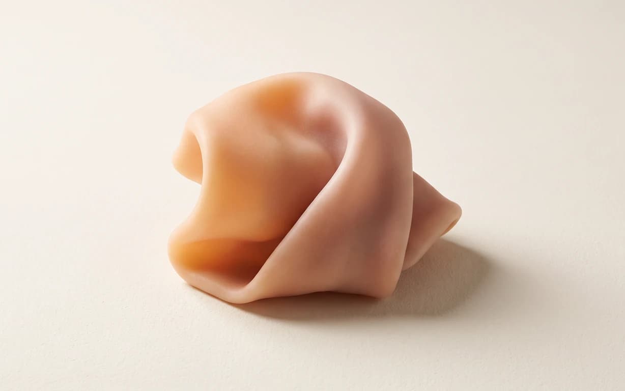 A softly folded peach-toned abstract form rests on a warm ivory surface, lit from the upper left with a gentle grounding shadow.