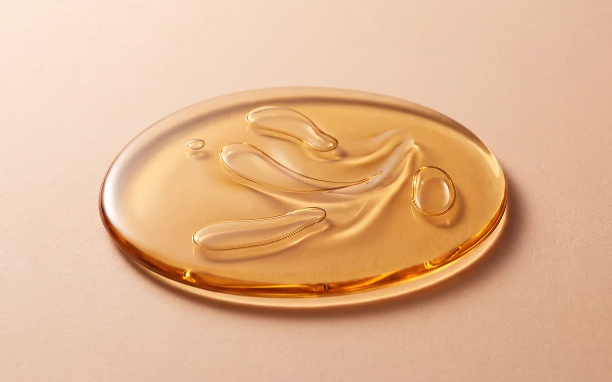 A translucent amber-gold oil study with raised droplets and soft folds, grounded by a gentle shadow on a warm peach surface.