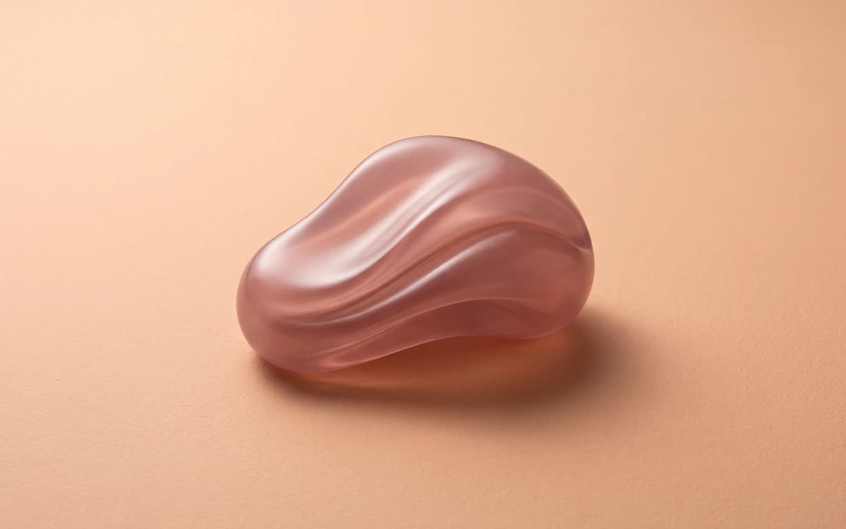 Translucent muted-rose abstract sculpture with flowing ridges, softly lit on a seamless warm peach surface.