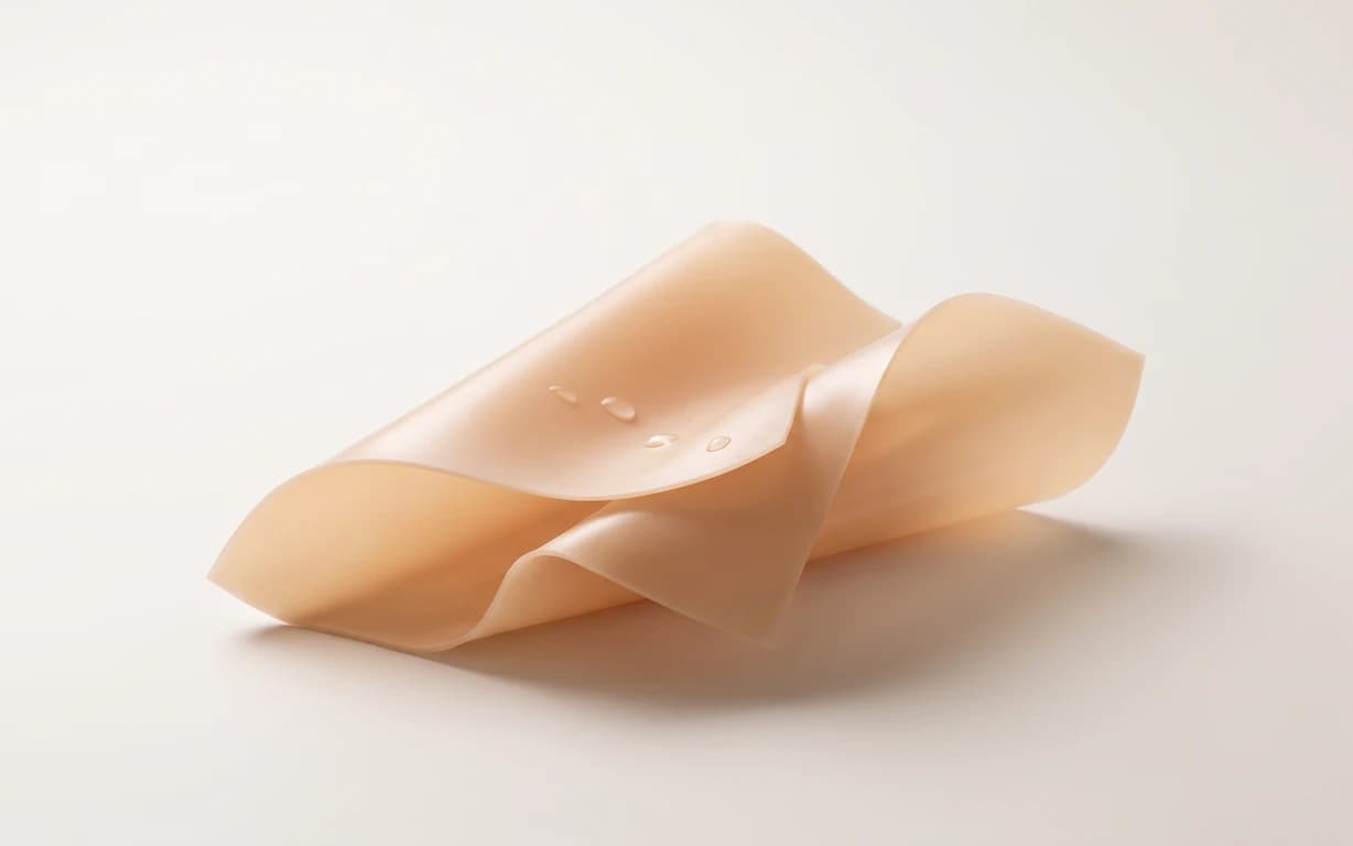 Soft peach-toned translucent folded forms with a few clear droplets, arranged on a warm ivory studio surface with gentle shadows.