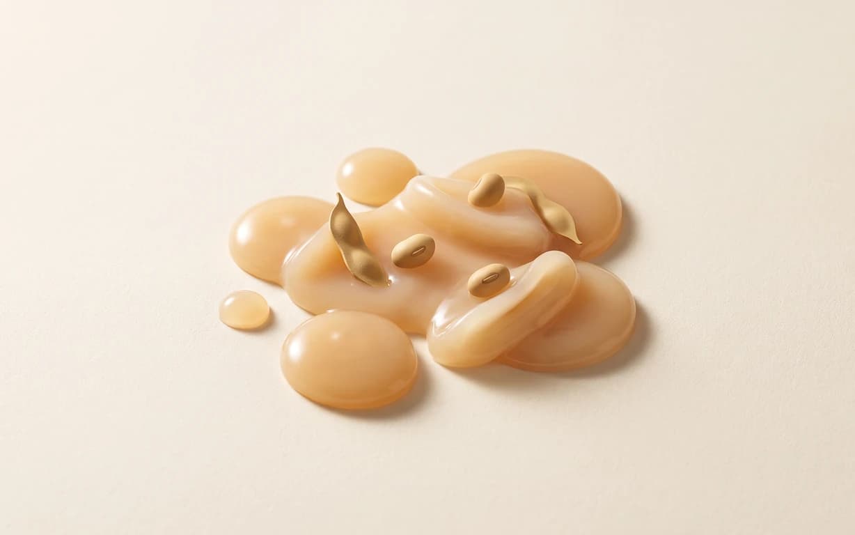 Amber-peach translucent gel pools and glossy folds arranged with a few stylized soybeans on a warm ivory surface.