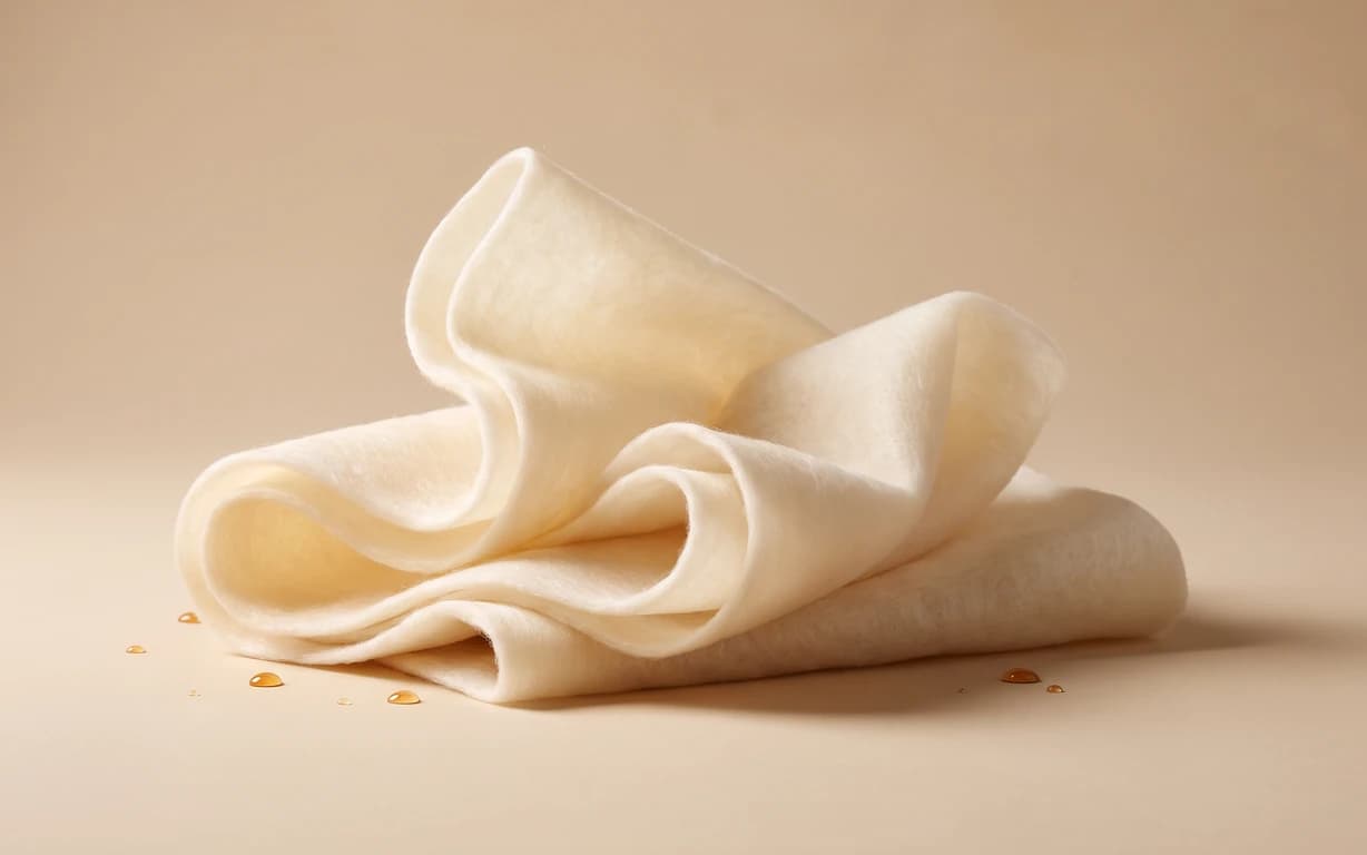 Abstract ivory fibrous sheets arranged in soft sculptural folds with small amber droplets on a warm beige studio surface.