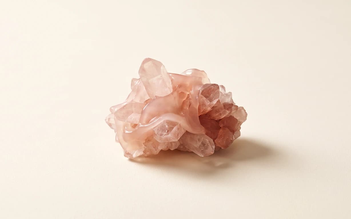 A translucent blush-pink abstract sculptural cluster with glossy folds and crystal-like facets on a warm ivory surface, casting a soft shadow.