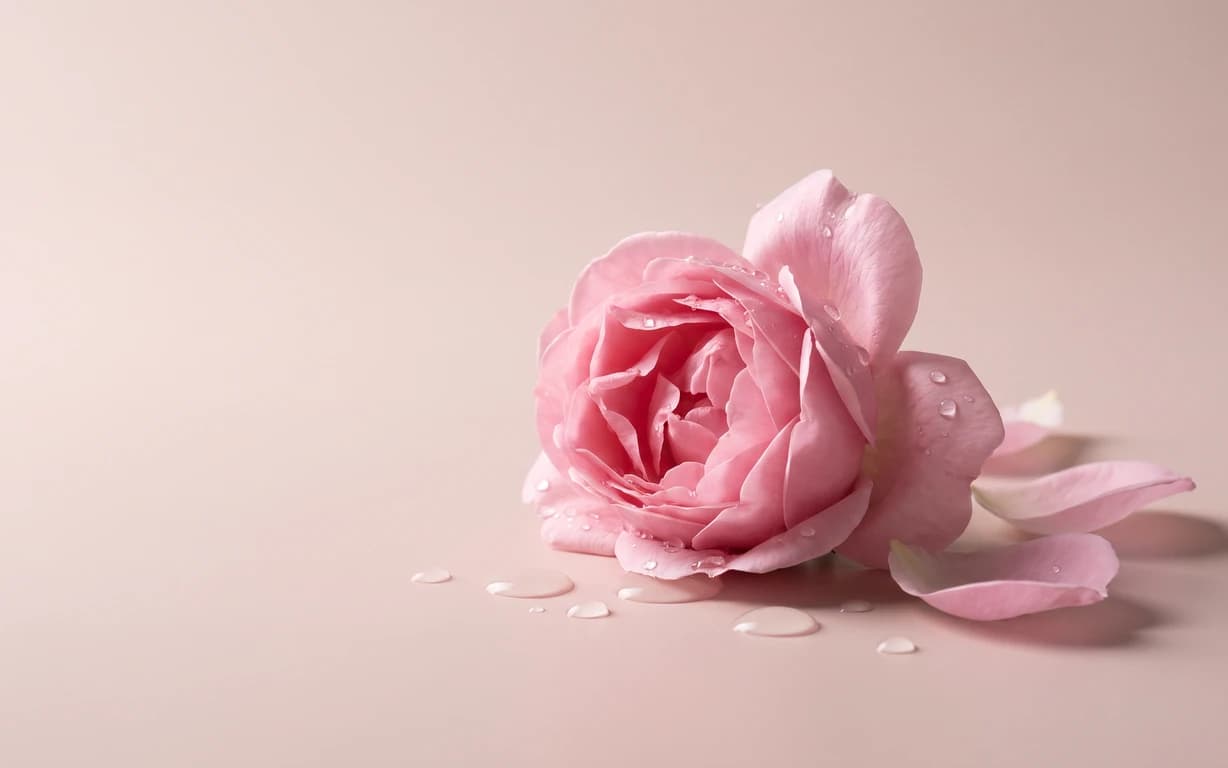 A dew-covered pink rose bloom with loose petals and water droplets on a seamless blush surface.