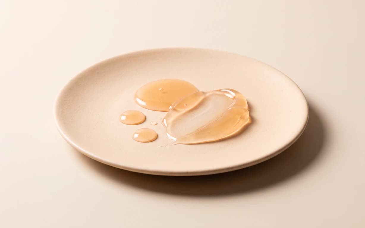 Translucent amber gel droplets and a glossy folded smear arranged on a cream ceramic plate against a warm ivory backdrop.