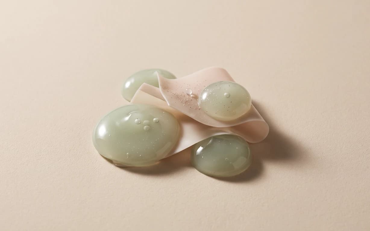 Translucent pale sage droplets arranged around a softly folded blush film on a warm ivory surface, lit with gentle studio light and a grounding shadow.