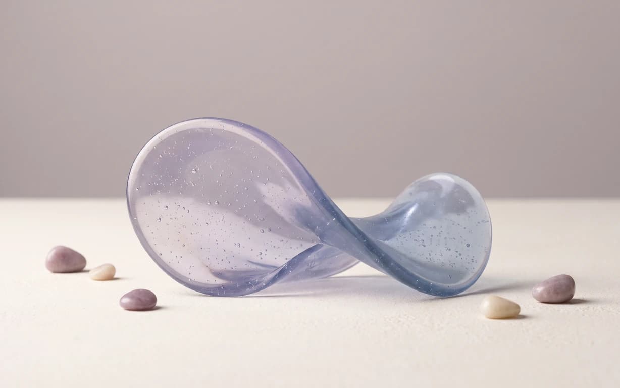 A translucent lavender-blue looped sculpture with tiny suspended bubbles rests on an ivory surface, surrounded by small lilac and cream pebbles against a soft blush-gray backdrop.