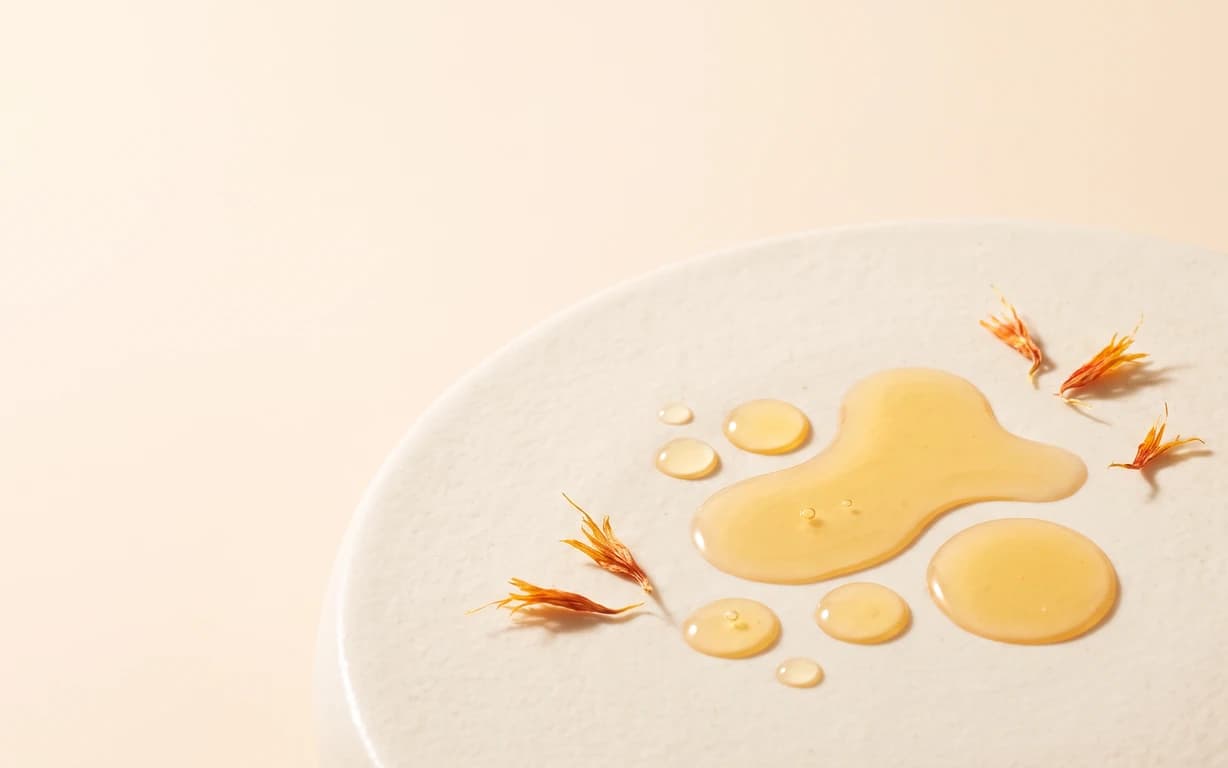Golden oil droplets and dried orange safflower florets arranged on a pale round stone surface against a warm peach backdrop.
