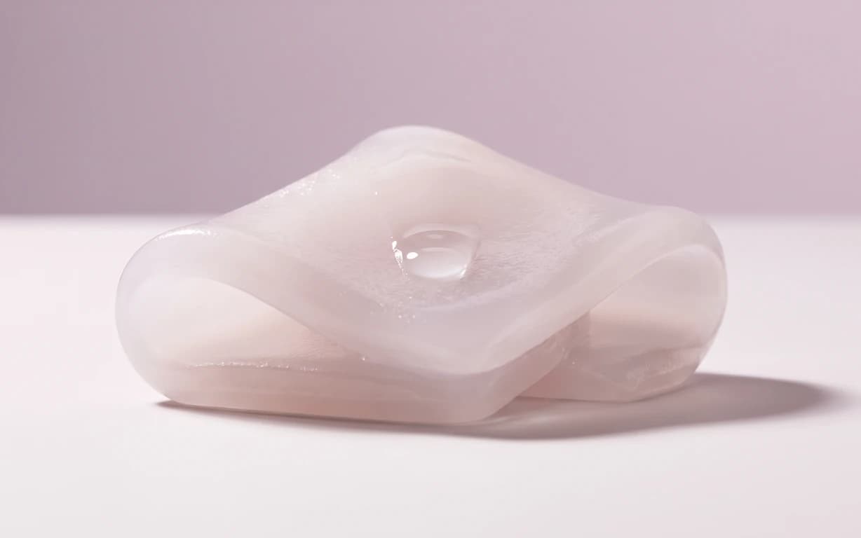 A pale blush, translucent gel-like folded form with a clear droplet, photographed on a seamless blush surface with soft studio light and a grounding shadow.