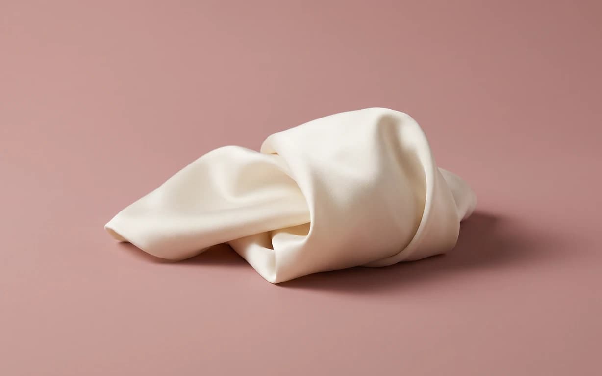An ivory abstract form with soft, flowing folds rests on a dusty rose seamless surface, casting a gentle studio shadow.