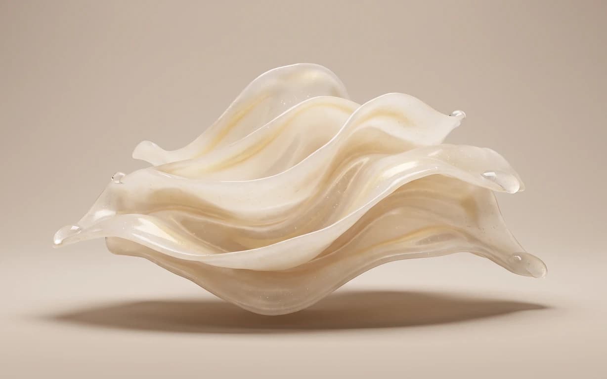 Abstract pearlescent ivory folds suspended above a warm beige surface, lit with soft studio highlights and grounded by a gentle shadow.