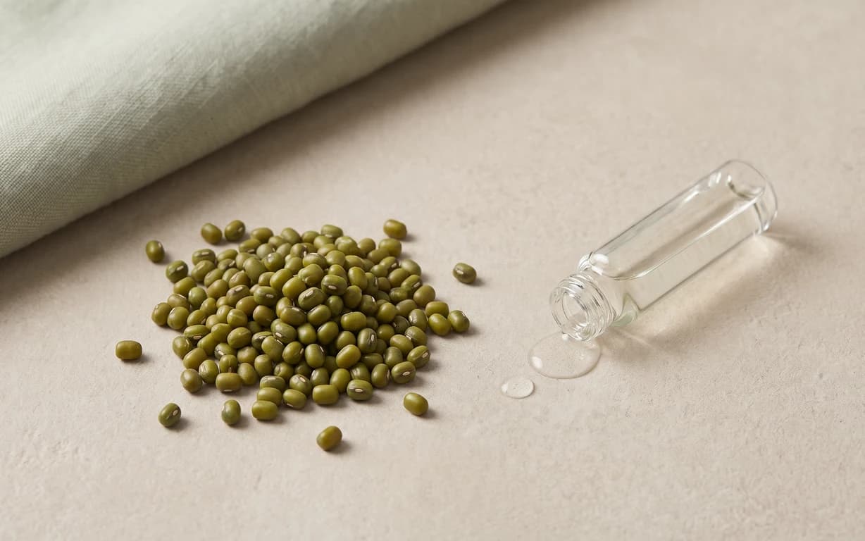 A pile of green mung beans beside an open clear glass vial and small clear droplets on a warm beige surface, with softly draped pale fabric in the background.