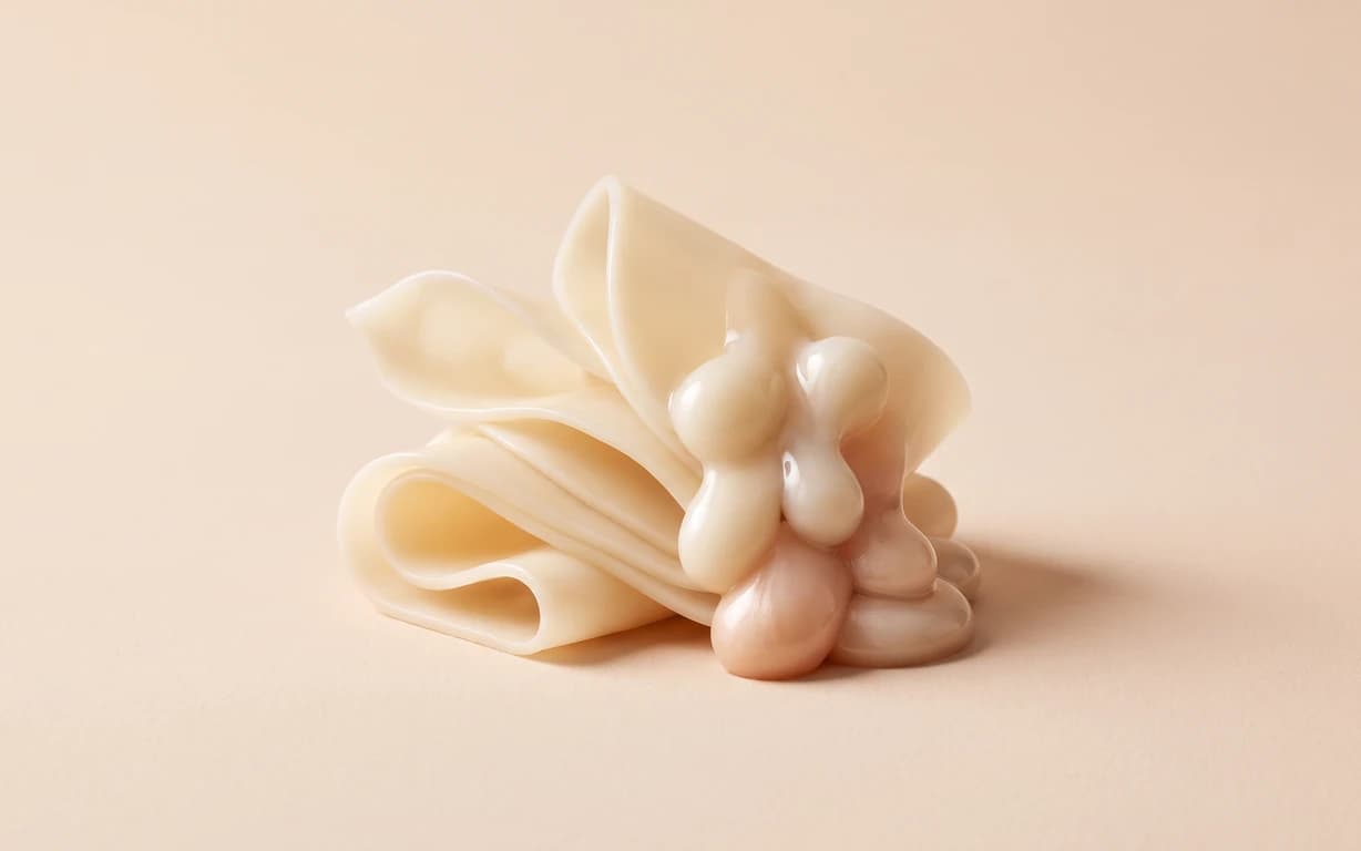 Abstract ivory folds and glossy rounded forms arranged on a warm peach surface with soft studio light and a gentle shadow.