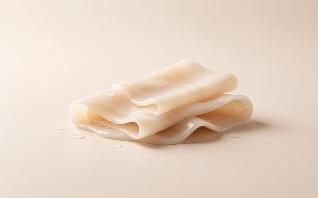 Glossy ivory abstract folds with small droplets on a warm beige studio surface.