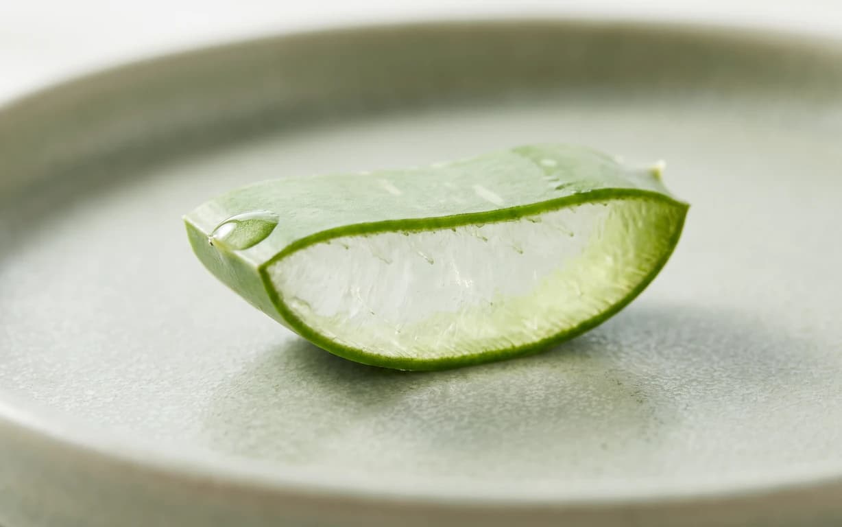 A freshly cut aloe vera leaf segment with translucent gel and green rind rests on a softly lit pale sage ceramic surface.