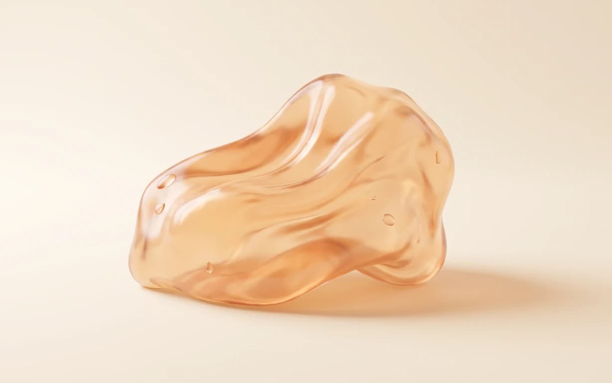 A translucent peach-toned abstract gel form with flowing folds and tiny droplets, resting on a warm ivory surface with a soft directional shadow.