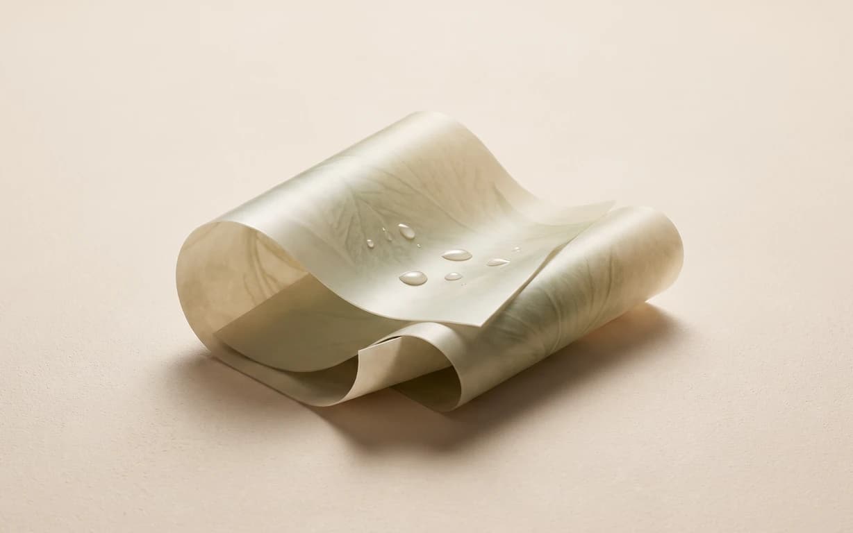 A softly lit, pale sage translucent sheet arranged in sculptural folds with clear droplets on its surface, set against a warm ivory backdrop.