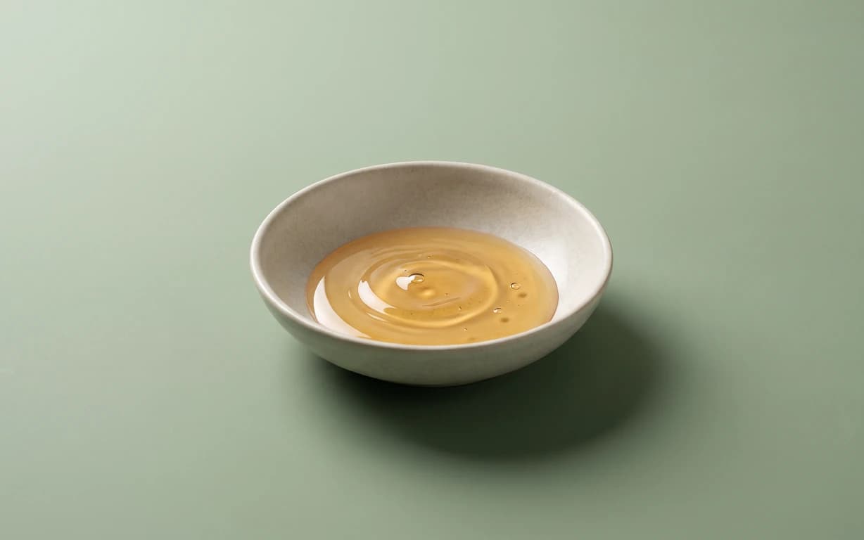 A shallow off-white ceramic bowl holding glossy amber liquid, centered on a pale sage seamless surface with soft studio light and a grounding shadow.