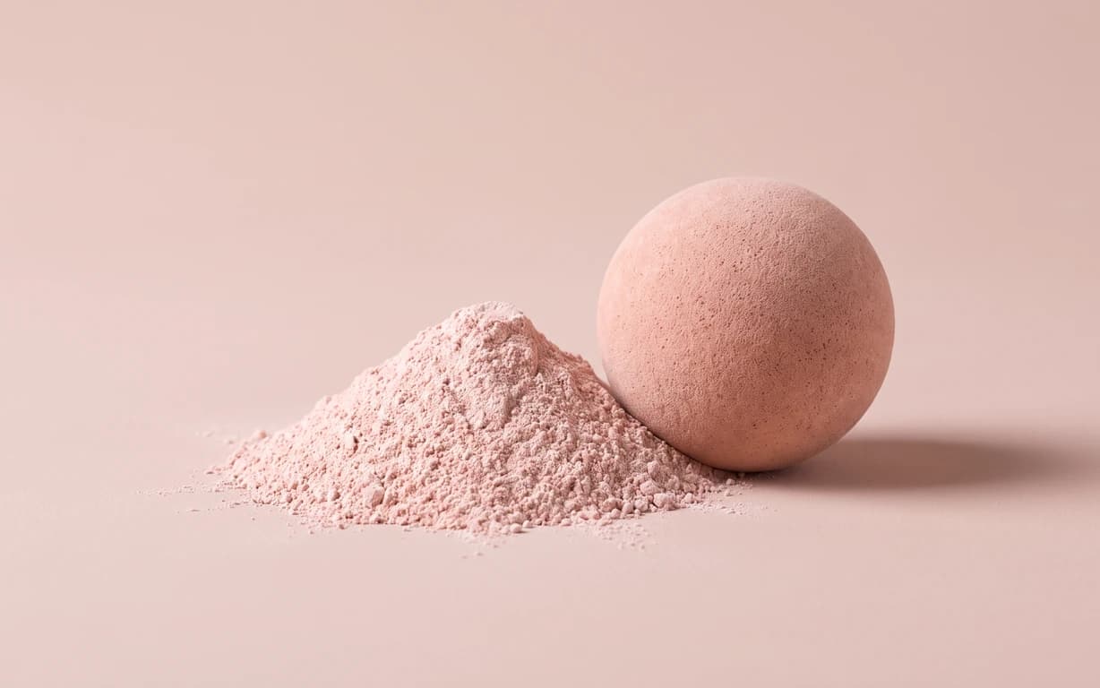 A mound of pale pink mineral powder beside a matte pink sphere on a softly lit blush surface.