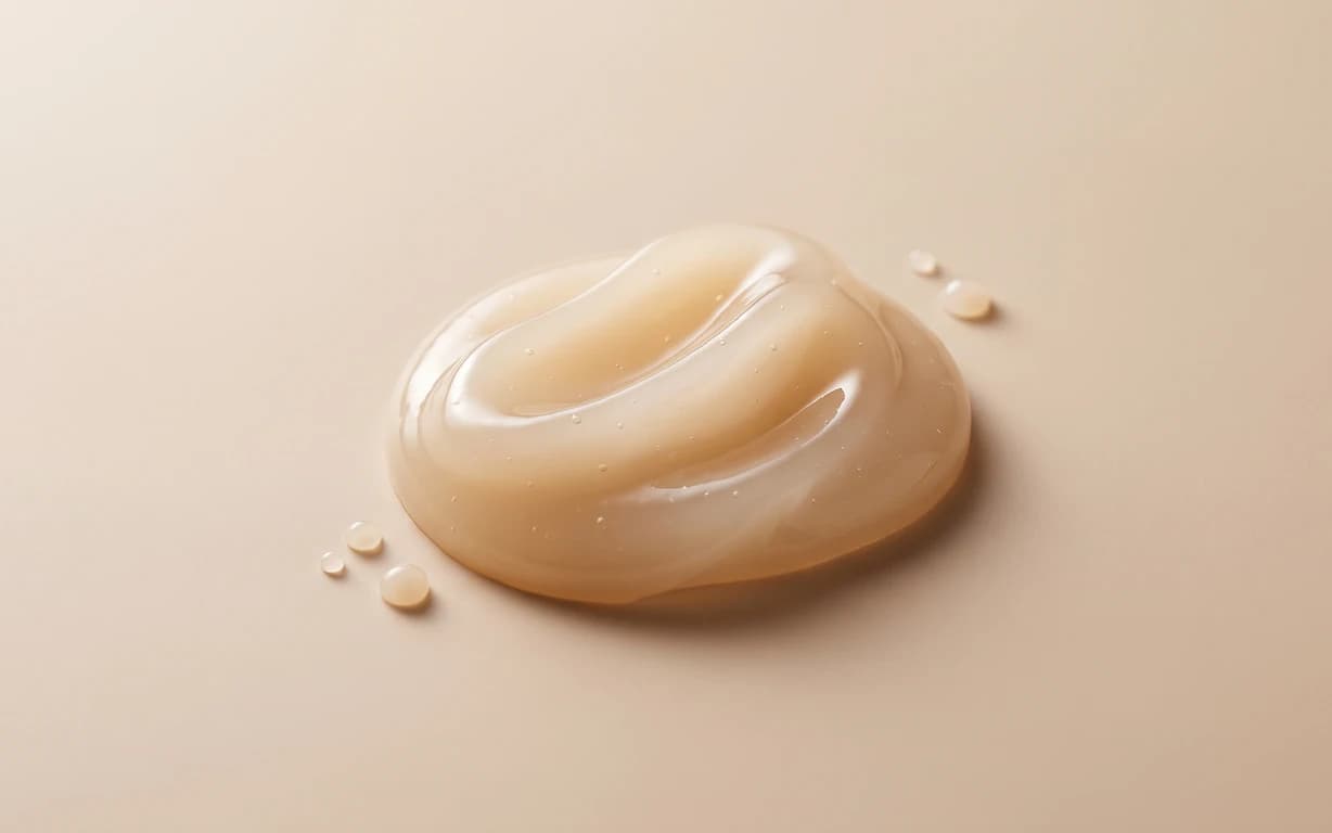A glossy translucent beige gel-like swirl with tiny droplets, softly lit on a warm oat seamless surface.