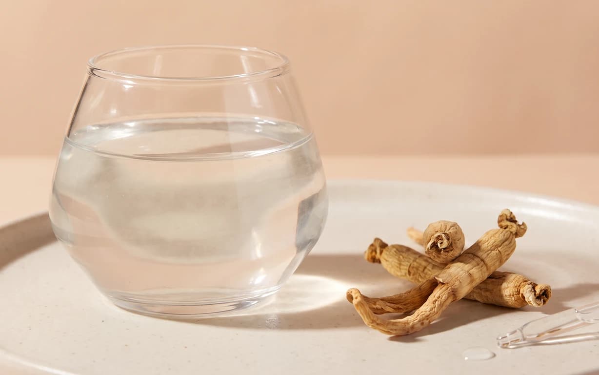 A rounded glass of clear water beside dried tan ginseng roots on an ivory tray against a warm peach backdrop.