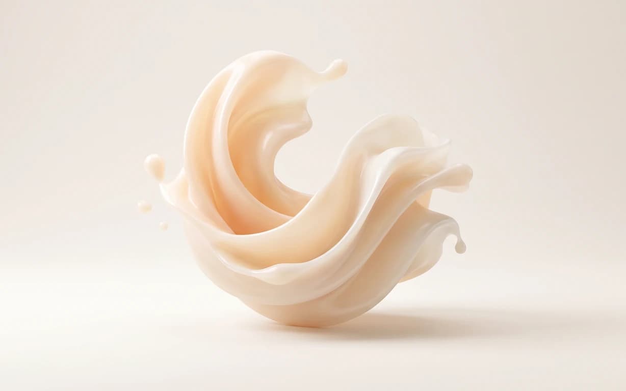 Abstract ivory and pale peach glossy fluid sculpture suspended above a warm cream seamless surface, with soft studio lighting and a gentle grounding shadow.
