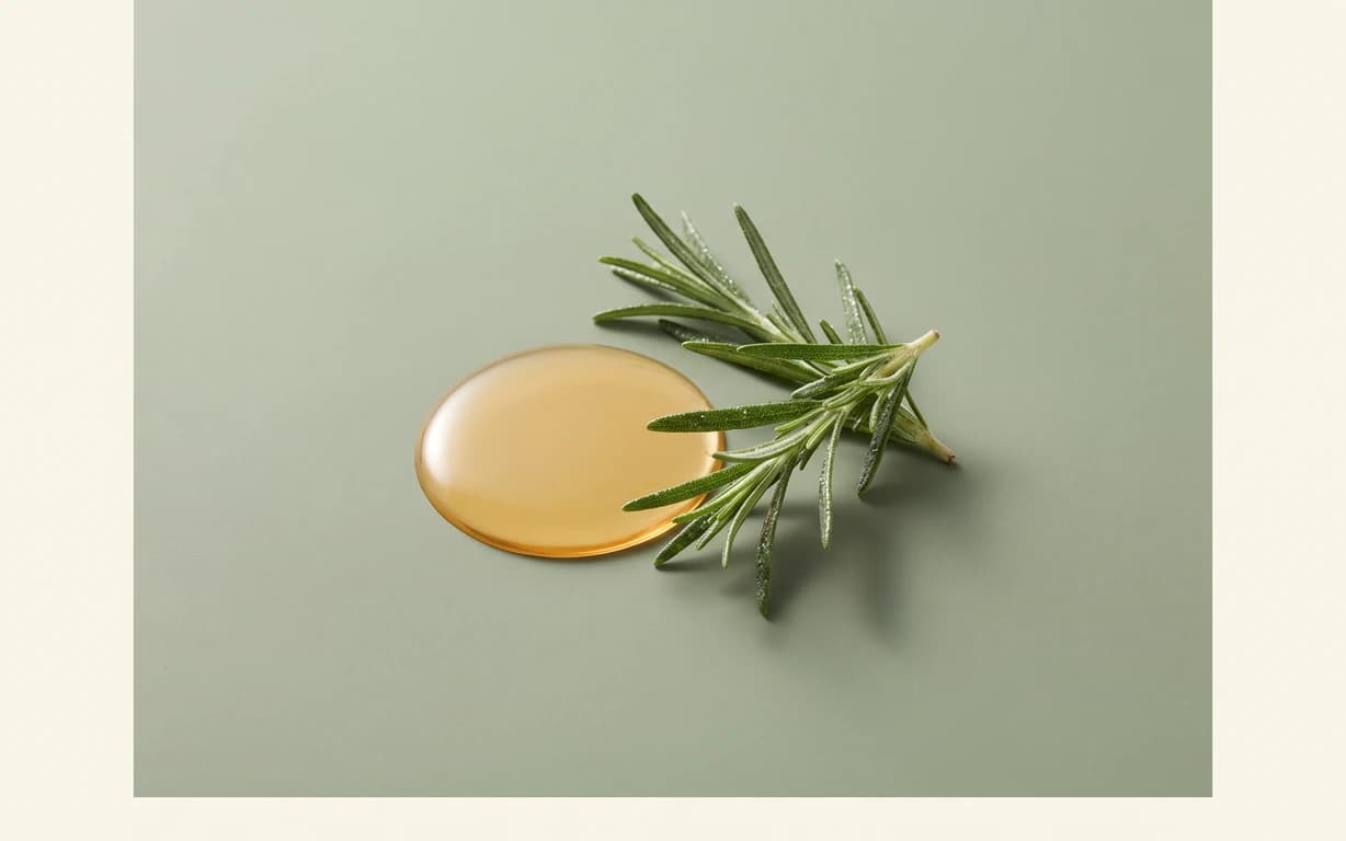 Golden oil droplet beside fresh rosemary sprigs on a seamless pale sage surface with soft directional shadows.