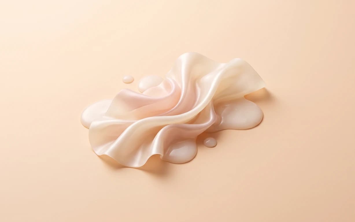 Pearlescent ivory and blush ribbon-like folds rest among glossy droplets on a softly lit peach surface.