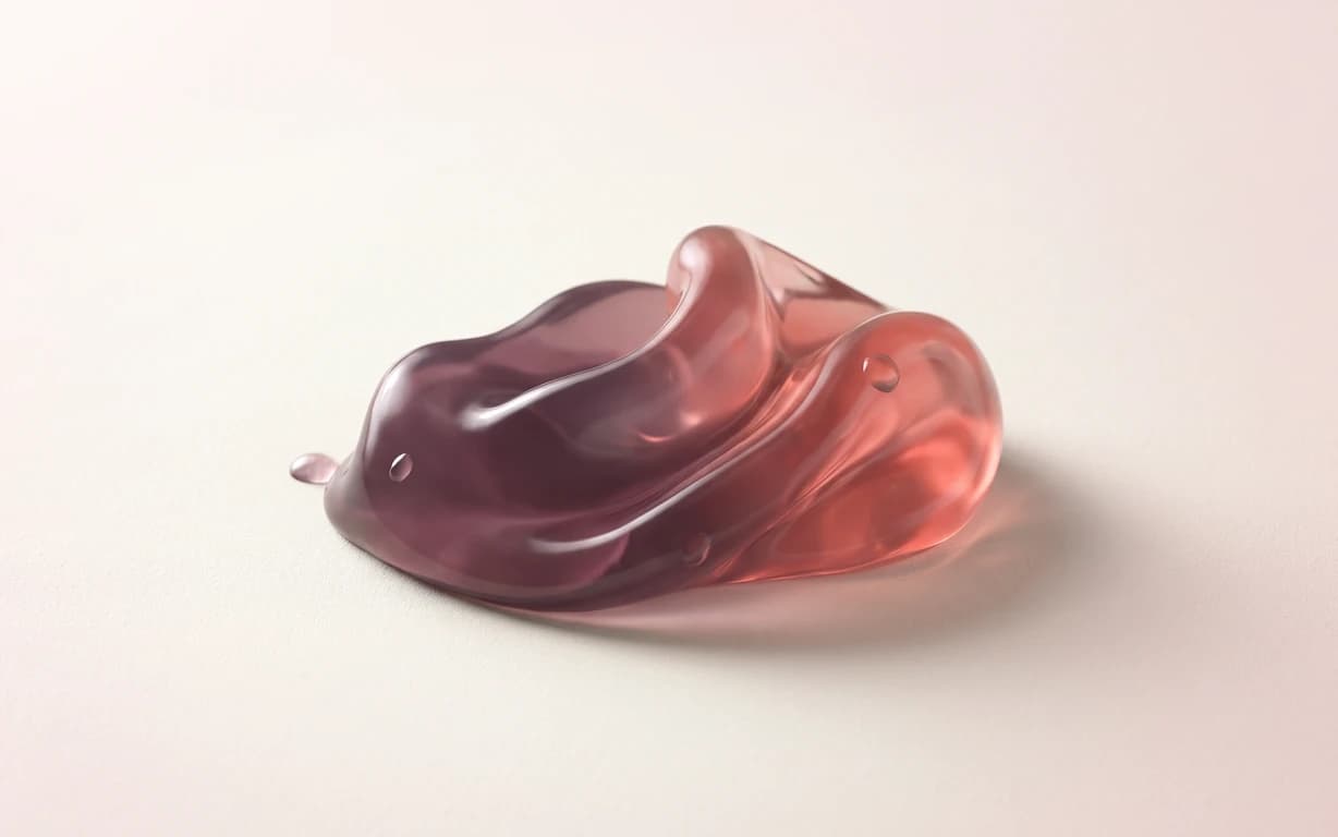 A translucent, folded plum-and-coral gel form rests on a softly lit ivory surface, casting a gentle shadow.