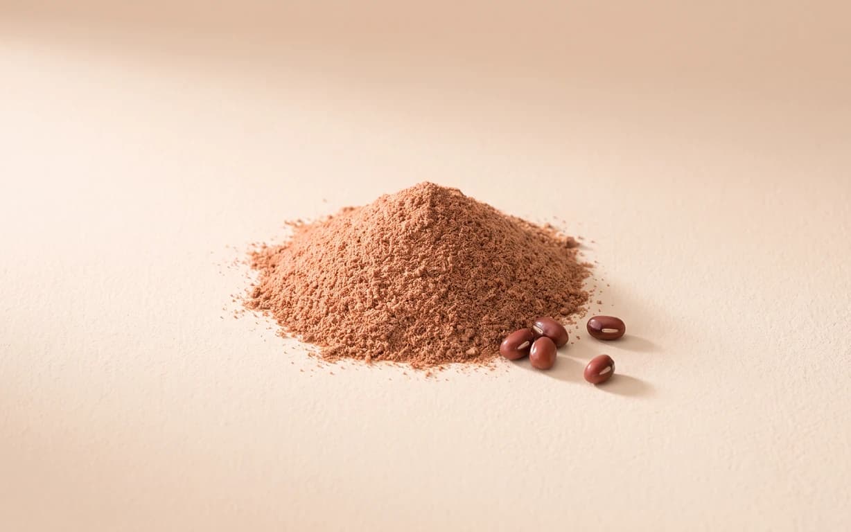 A mound of finely ground reddish-brown powder beside several glossy red adzuki beans on a warm ivory surface.