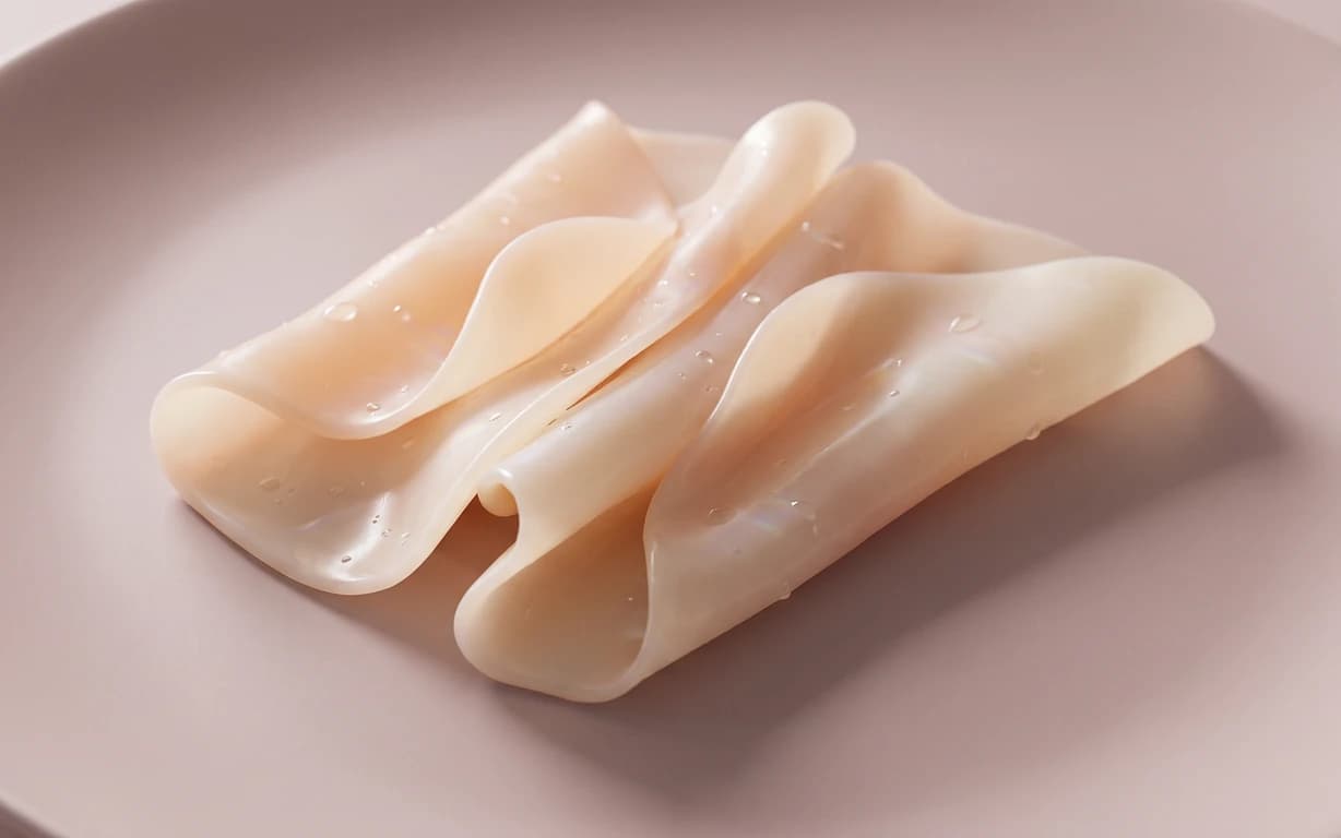 Abstract ivory, ribbon-like folds with small water droplets arranged on a softly lit blush surface.