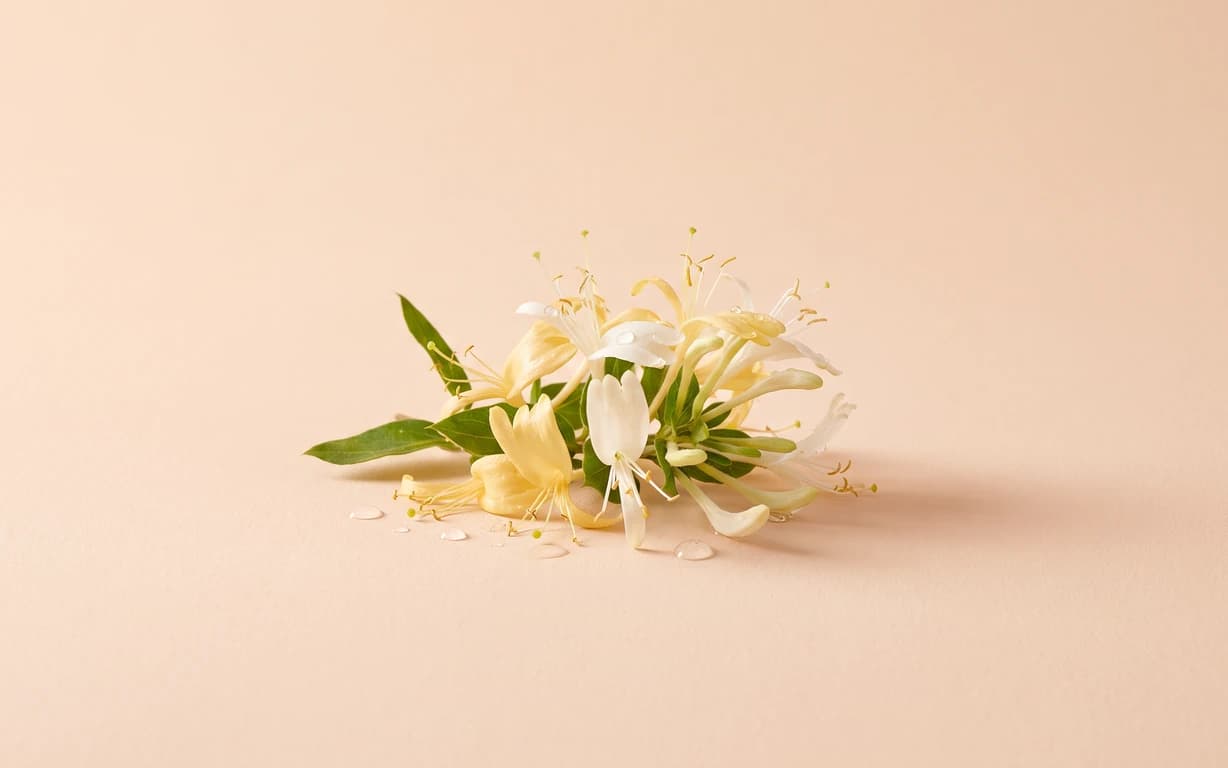 White and pale yellow honeysuckle flowers with green leaves and water droplets on a softly lit peach seamless surface.