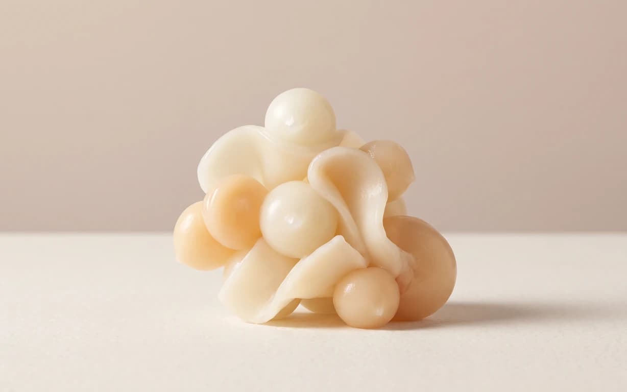 An abstract cluster of glossy ivory spheres and softly folded forms on a warm cream surface, lit by gentle directional studio light against a blush-beige backdrop.