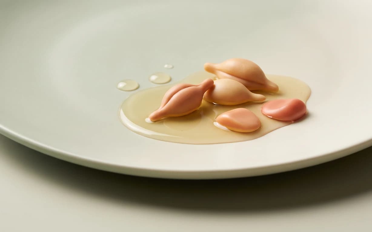 Peach and apricot-toned abstract forms rest in a glossy pool of pale golden oil on an ivory ceramic surface.