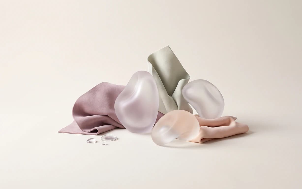 Abstract still life of translucent blush forms, soft mauve and peach folds, and clear droplets on a warm ivory studio surface.