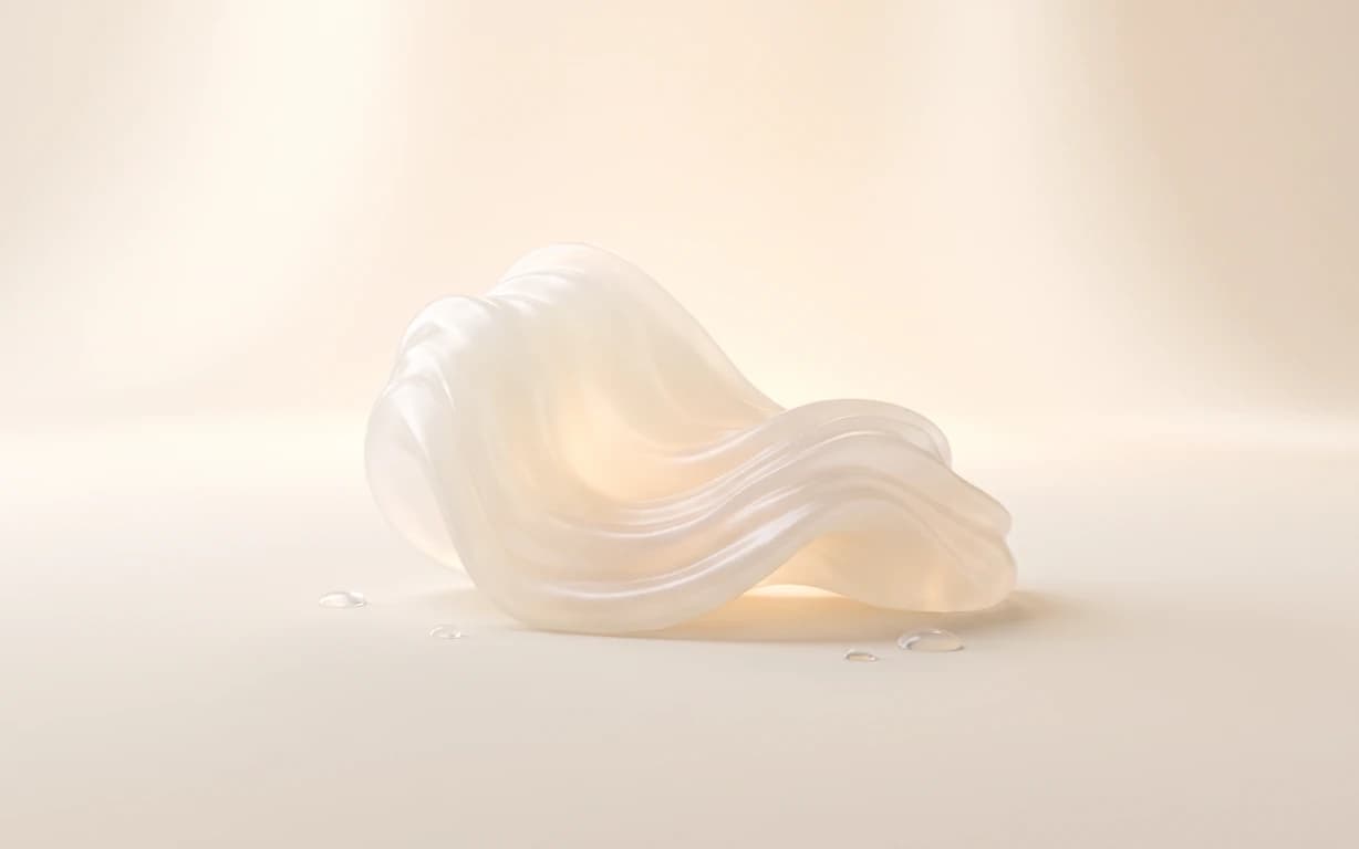 Translucent ivory sculptural folds with glossy highlights and small clear droplets on a warm cream studio surface.