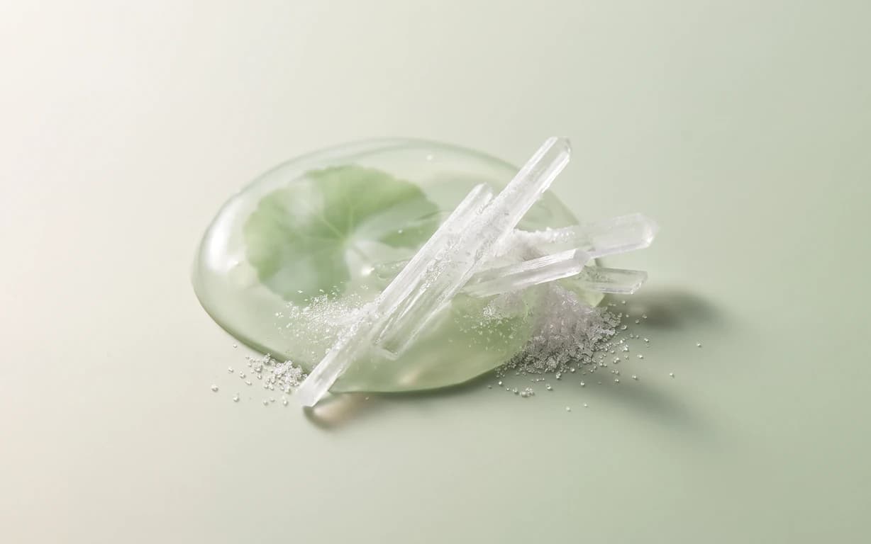 A translucent pale-green gel-like disc topped with clear needle-like forms and fine crystalline granules on a softly lit sage-and-ivory surface.