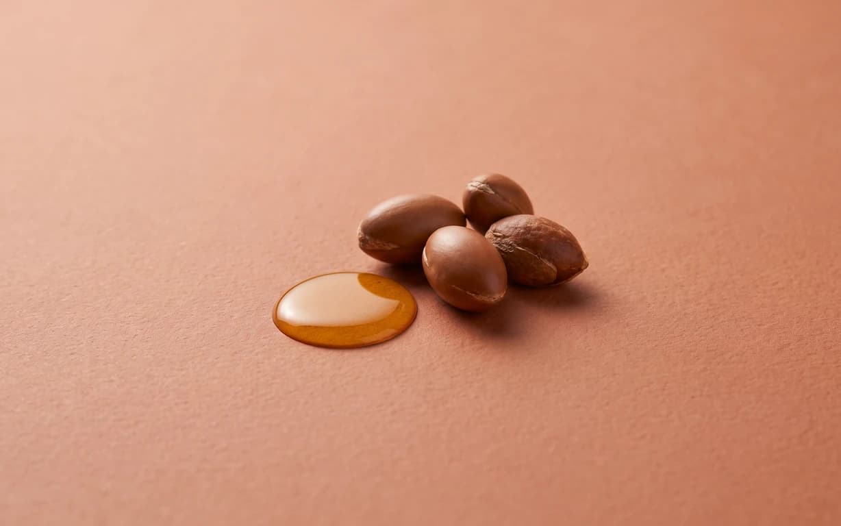Golden argan oil droplet beside four brown argan kernels on a warm peach studio surface.